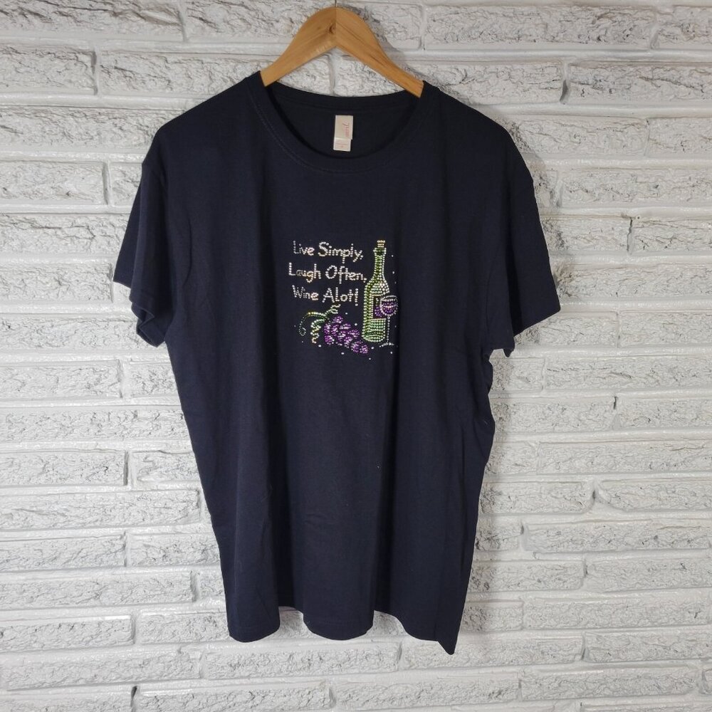 Anvil Womens XL Black T-Shirt Live Simply Laugh Often Wine A Lot Studded NOVE42E